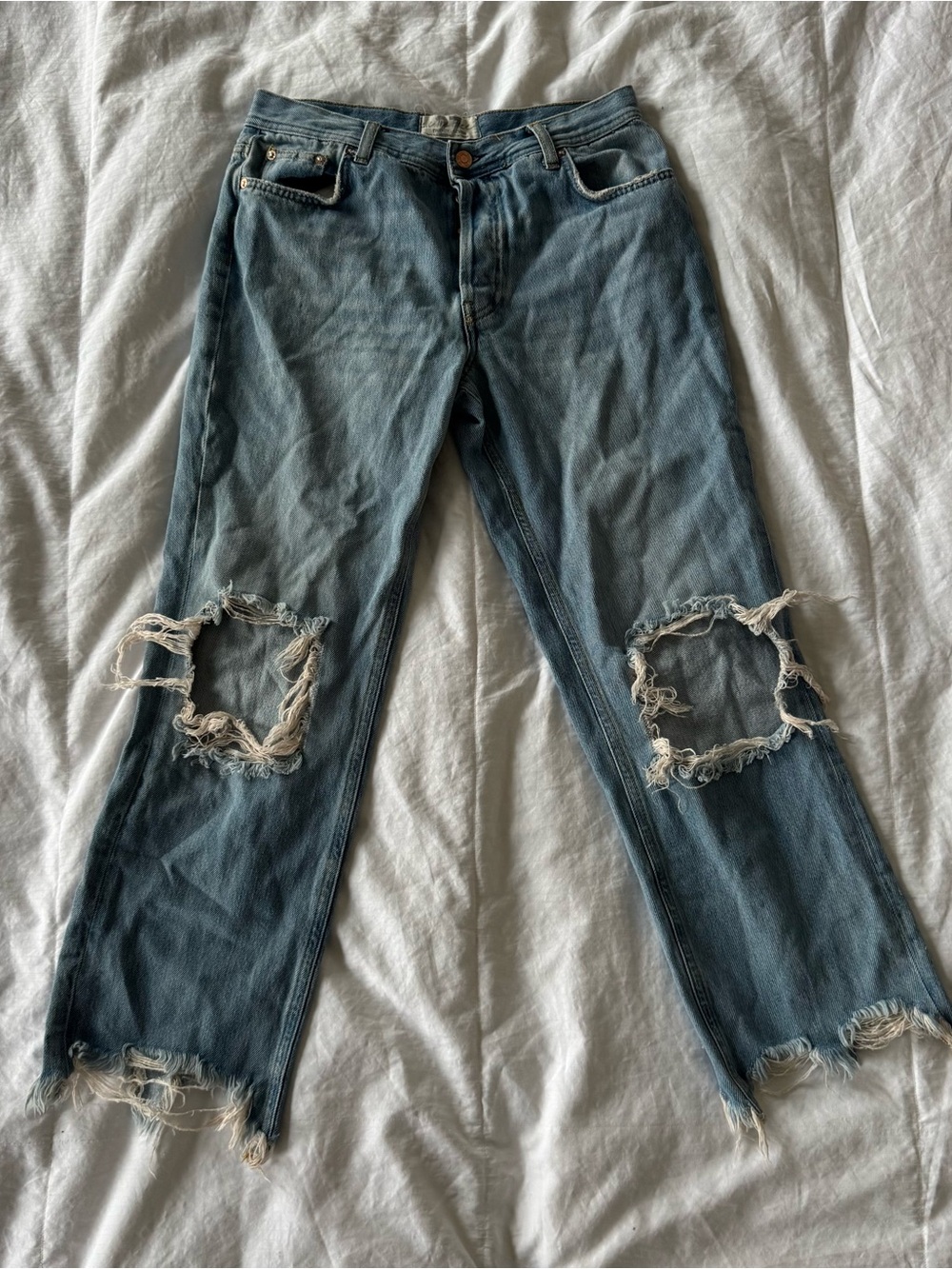 Free People Light Blue Distressed Straight-Leg Jeans